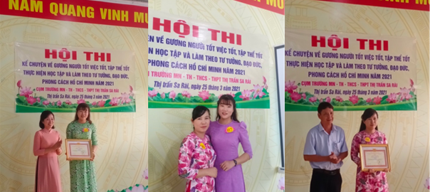 Cô Trương Thị Diễm Hương và cô Nguyễn Thị Thanh Tuyền
 tham gia hội thi Kể chuyên về gương người tốt việc tốt.