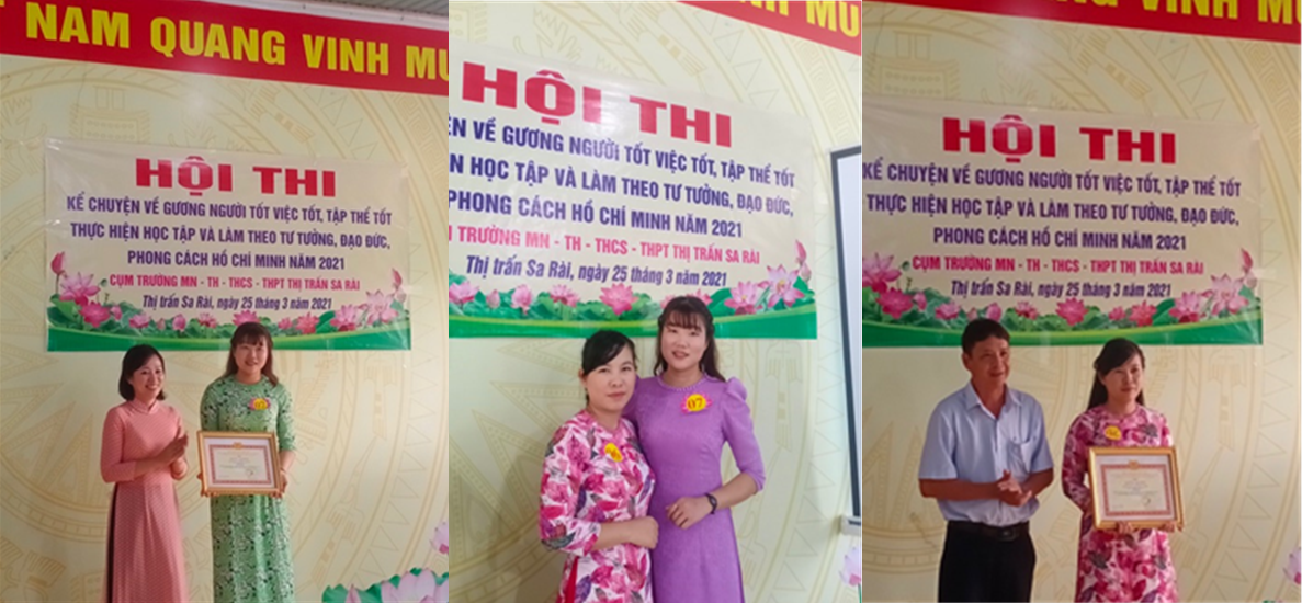 Cô Trương Thị Diễm Hương và cô Nguyễn Thị Thanh Tuyền tham gia hội thi Kể chuyên về gương người tốt việc tốt. 